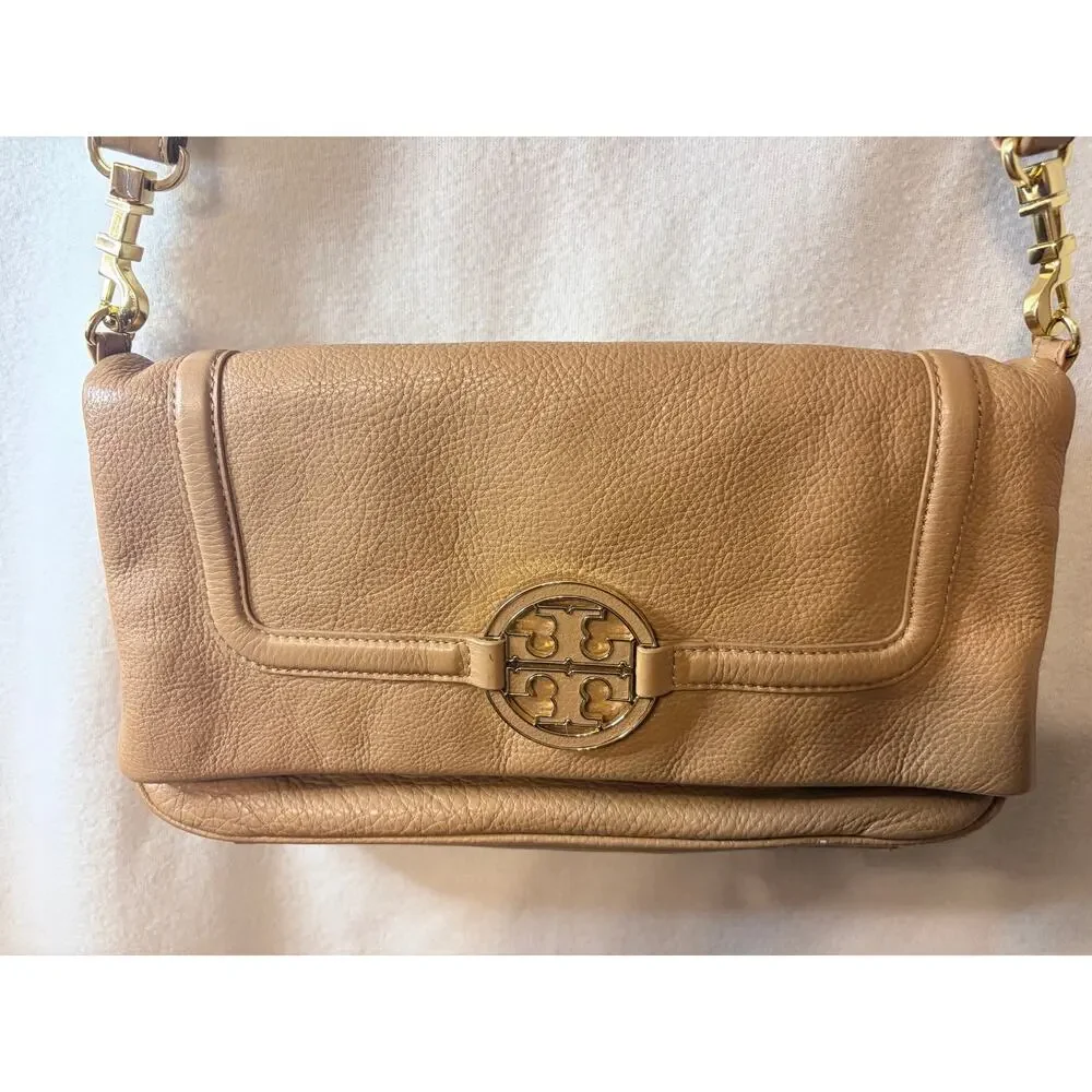 Tory Burch Amanda Fold-Over Crossbody Bag Tan Pebbled Leather Reva Medallion